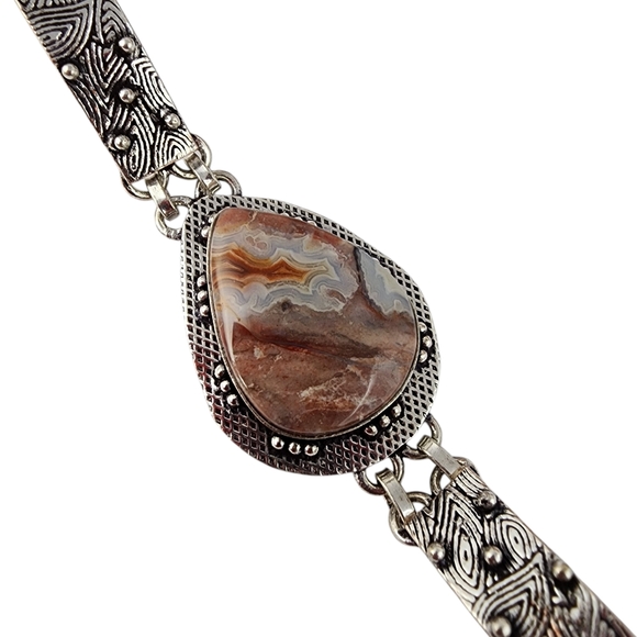 Agate gemstone bracelet silver chunky statement artisan crazy lace agate J30 - Picture 8 of 15